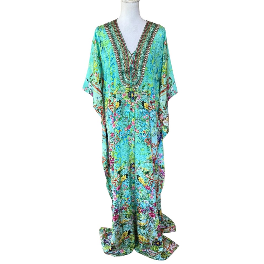 Sakkas Womens Floral Peacock Caftan Maxi Dress Turquoise Embellished OS
